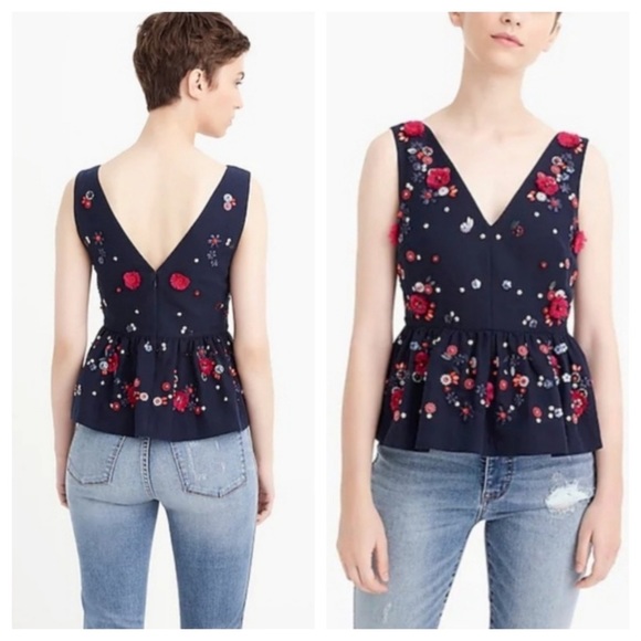 J. Crew Tops - J CREW Hand Embellished Peplum Linen Blend Sleeveless Top Navy Size 12